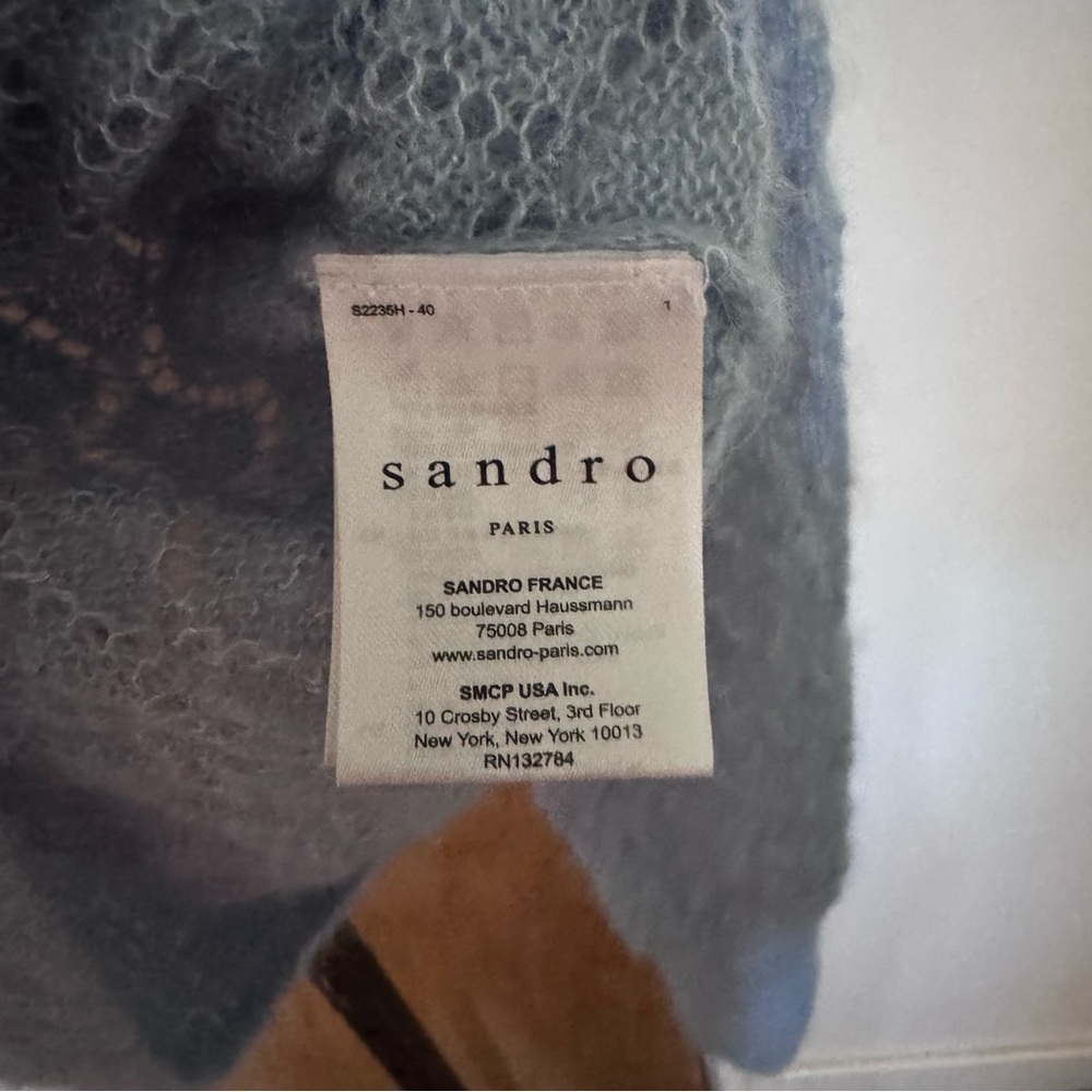 Sandro Pointelle Decorative Mohair Silk Blue open Knit sweater size small - Picture 7 of 10